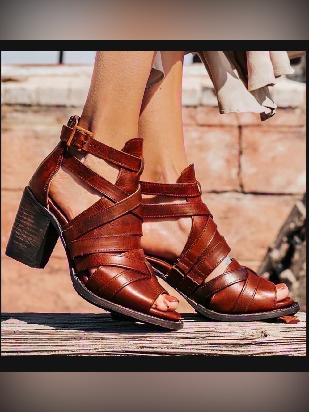 Freebird by Steven Claw in Cognac Leather Strappy Block Heel Sandals